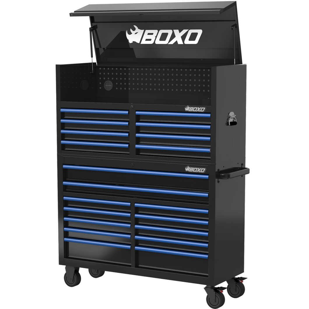 BOXO 53" 20 Drawer Toolbox Stack with Drawer Trim Pack - Black Body with Trim Colour Options | Boxo UK